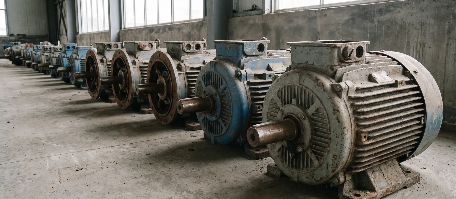 Lange Reihe ausgebauter Elektromotoren mit absteigender Baugröße auf einem Hallenboden, die Wellen zeigen zur Kamera (Symbolbild, KI-erzeugt)