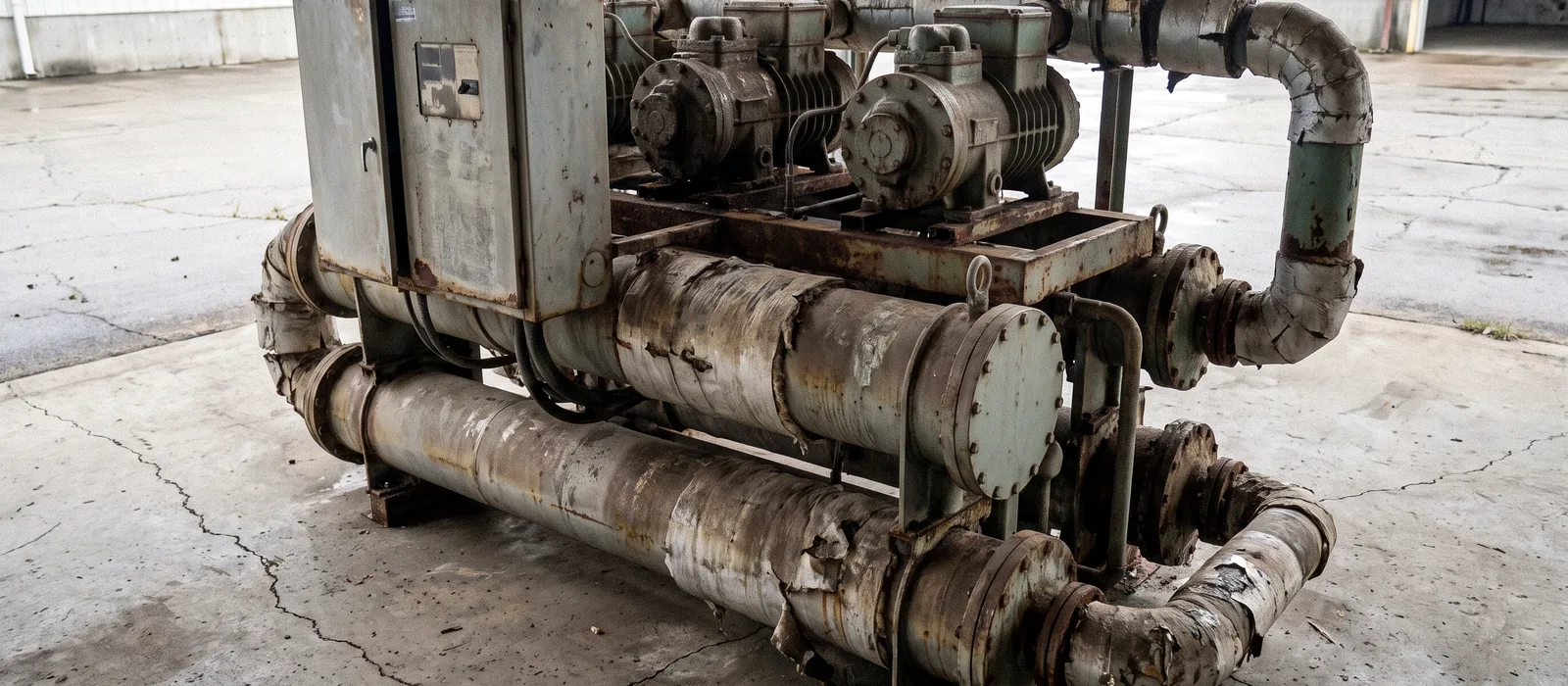 Gebrauchte Kältemaschine mit Schraubenverdichtern, Rohrbündel-Wärmetauschern und beschädigter Rohrisolierung auf einem Hallenboden (Symbolbild, KI-erzeugt)