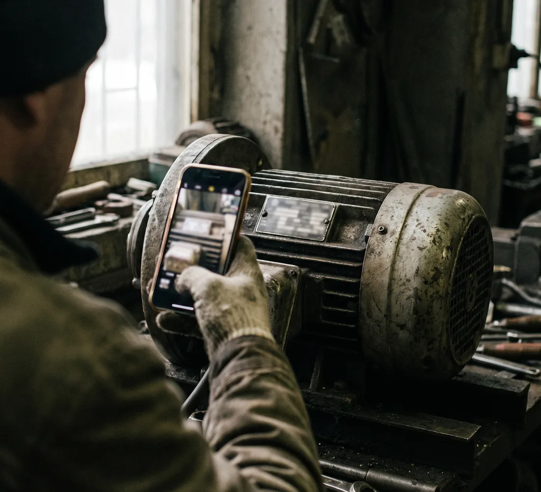 Eine Person fotografiert mit dem Smartphone das Typenschild eines gebrauchten Elektromotors in einer Werkstatt (Symbolbild, KI-erzeugt)